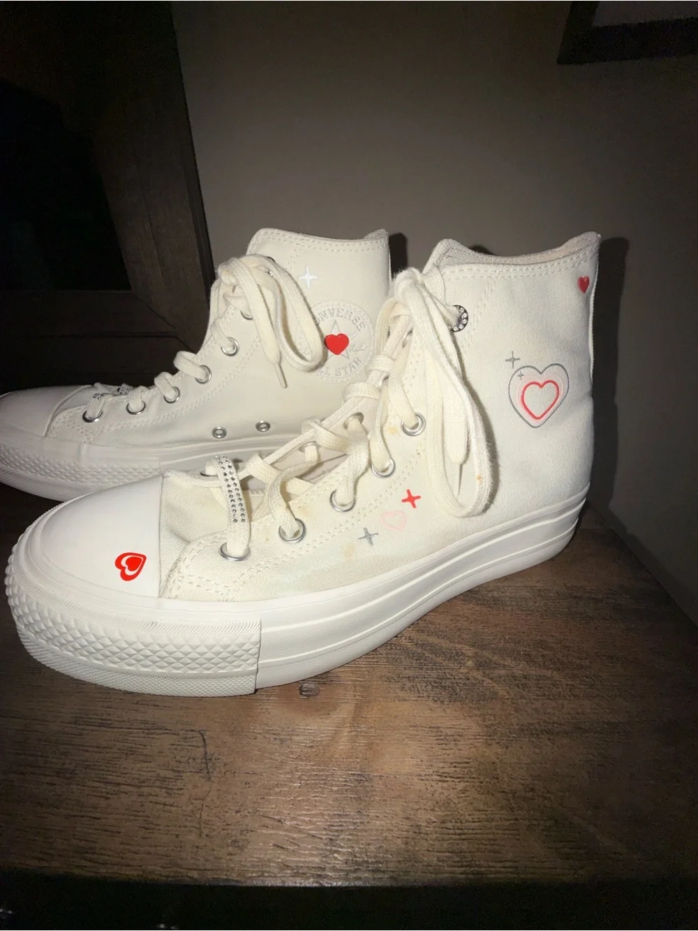 Converse White High Top Sneakers with Pink Heart Accents